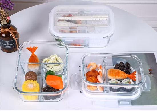 Hochwertiger Lebensmittelbehälter aus Borosilikatglas mit 3 Fächern und Bento-Box
