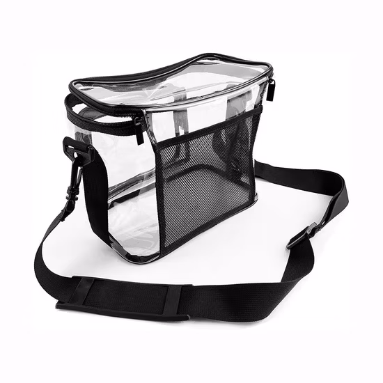 Maßgeschneiderte transparente Lunchtasche mit Reißverschlusstasche vorne und verstellbarem Riemen